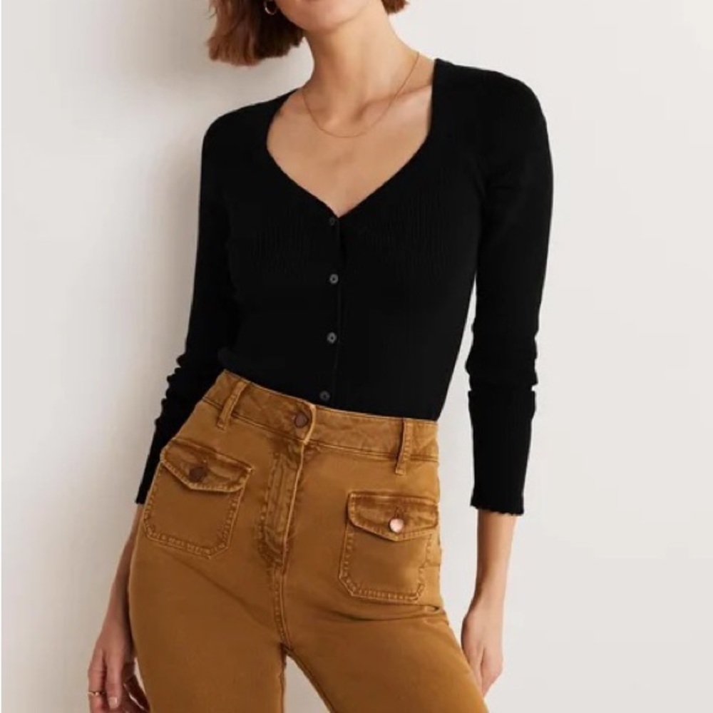 Boden New NWT 4 Small Black Sweetheart Neck Ribbed Cotton Cardigan Sweater Shirt